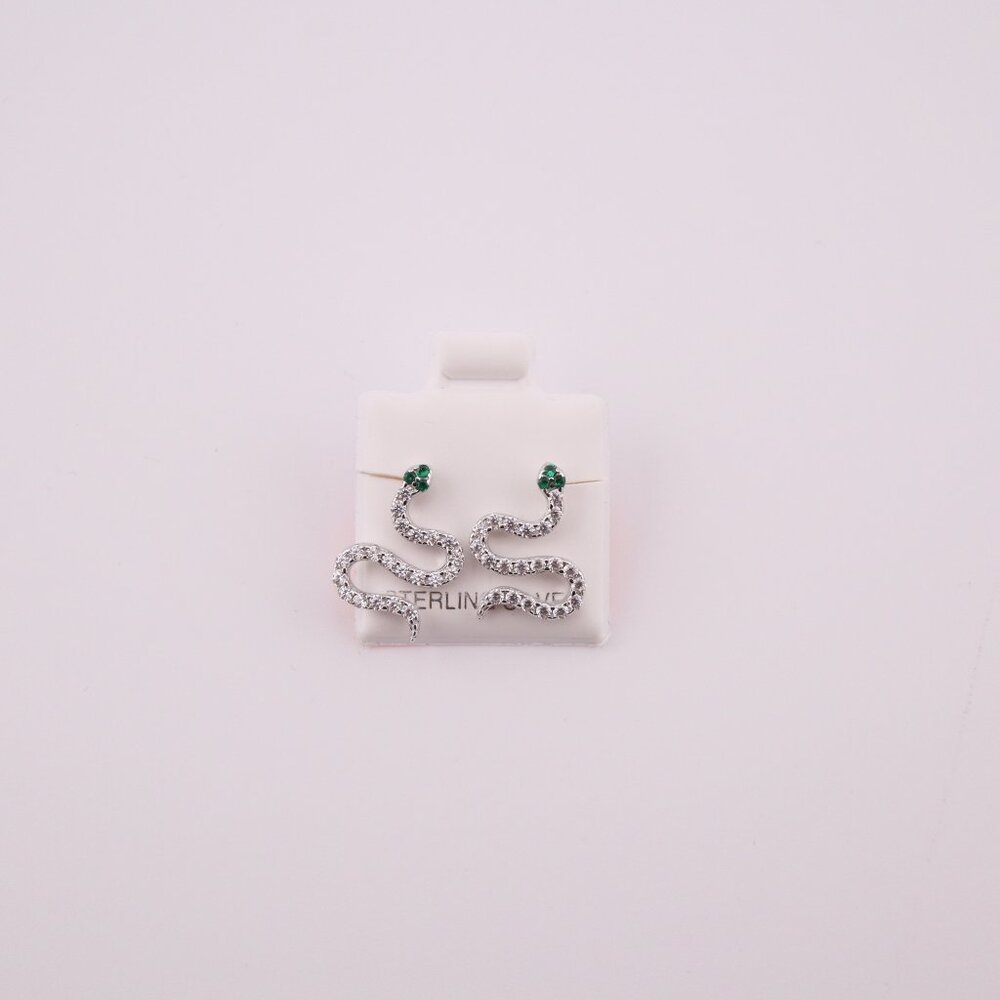 Women's Sterling Silver Snake Stud Earrings – CZ & Green Eyes Fashion Jewelry **